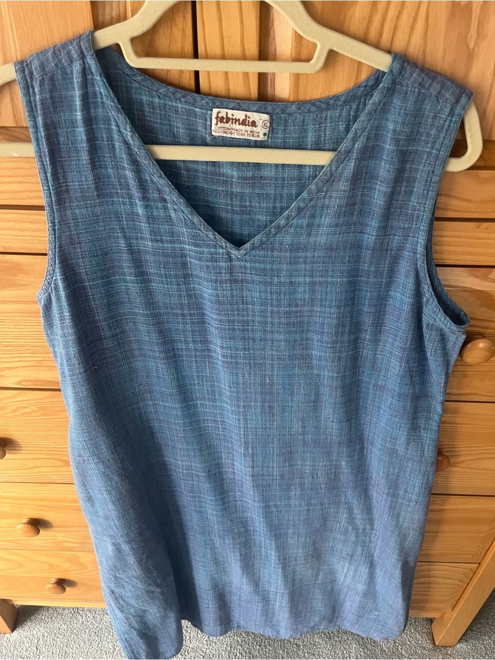 FabIndia XL Blue Sleeveless V-Neck Linen Blend Top